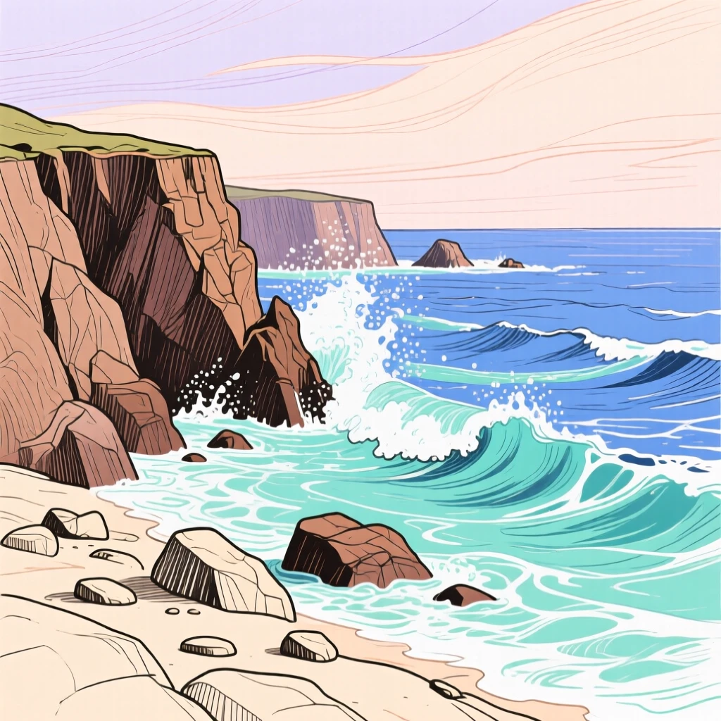 A rocky coastline with waves crashing against cliffs.