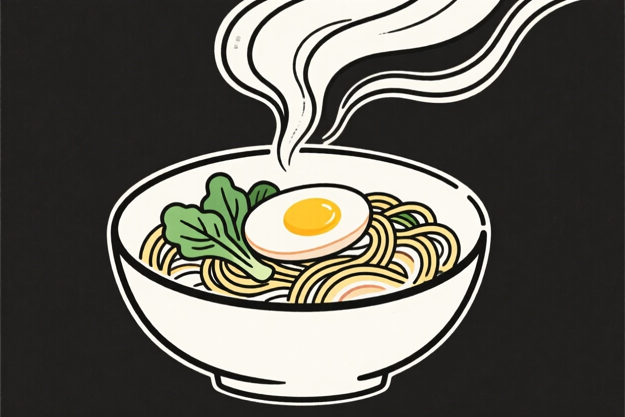 A steaming bowl of ramen noodles topped with a soft-boiled egg and greens.