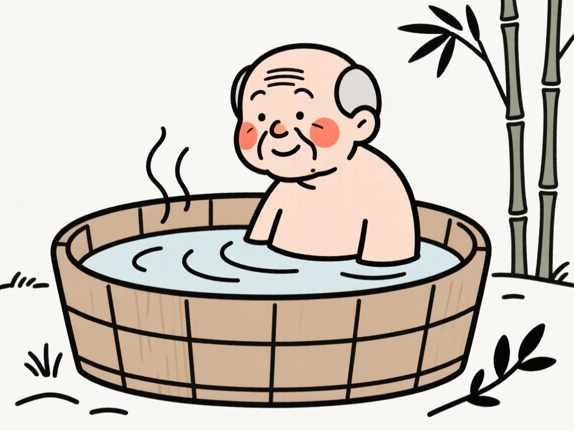 A grandfather soaking in a warm outdoor bath.