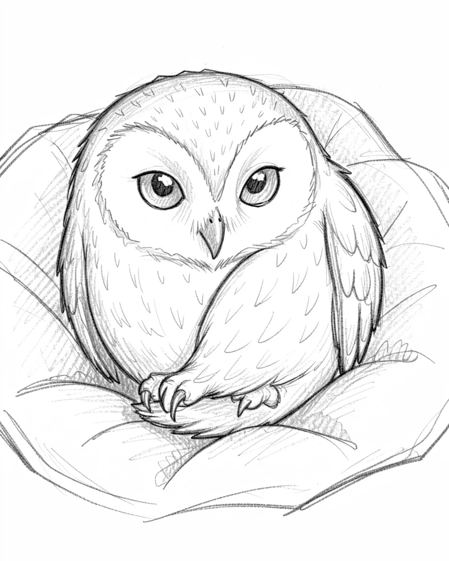 An adorable close-up of a wise-looking owl curled up on a cozy blanket, with tiny paws tucked beneath its body.
