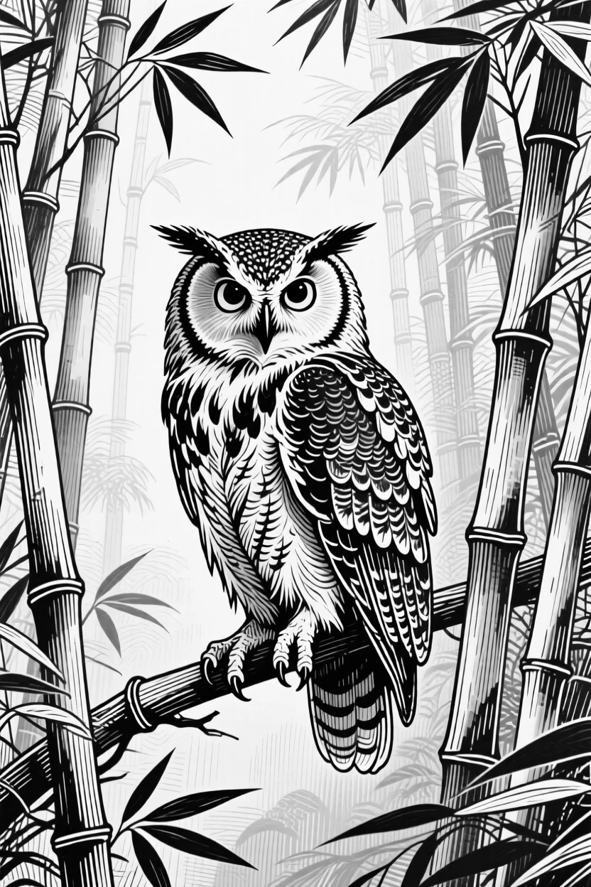 A wise old owl within a dense bamboo grove, against a backdrop of drifting mist, capturing a tender and protective moment in nature with a strong, centered focal point.