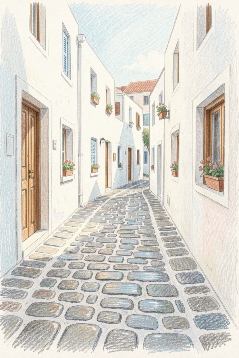 A narrow cobblestone street in Santorini lined with white-washed buildings, with reflections shimmering on calm water nearby, capturing the timeless charm of a beloved destination.
