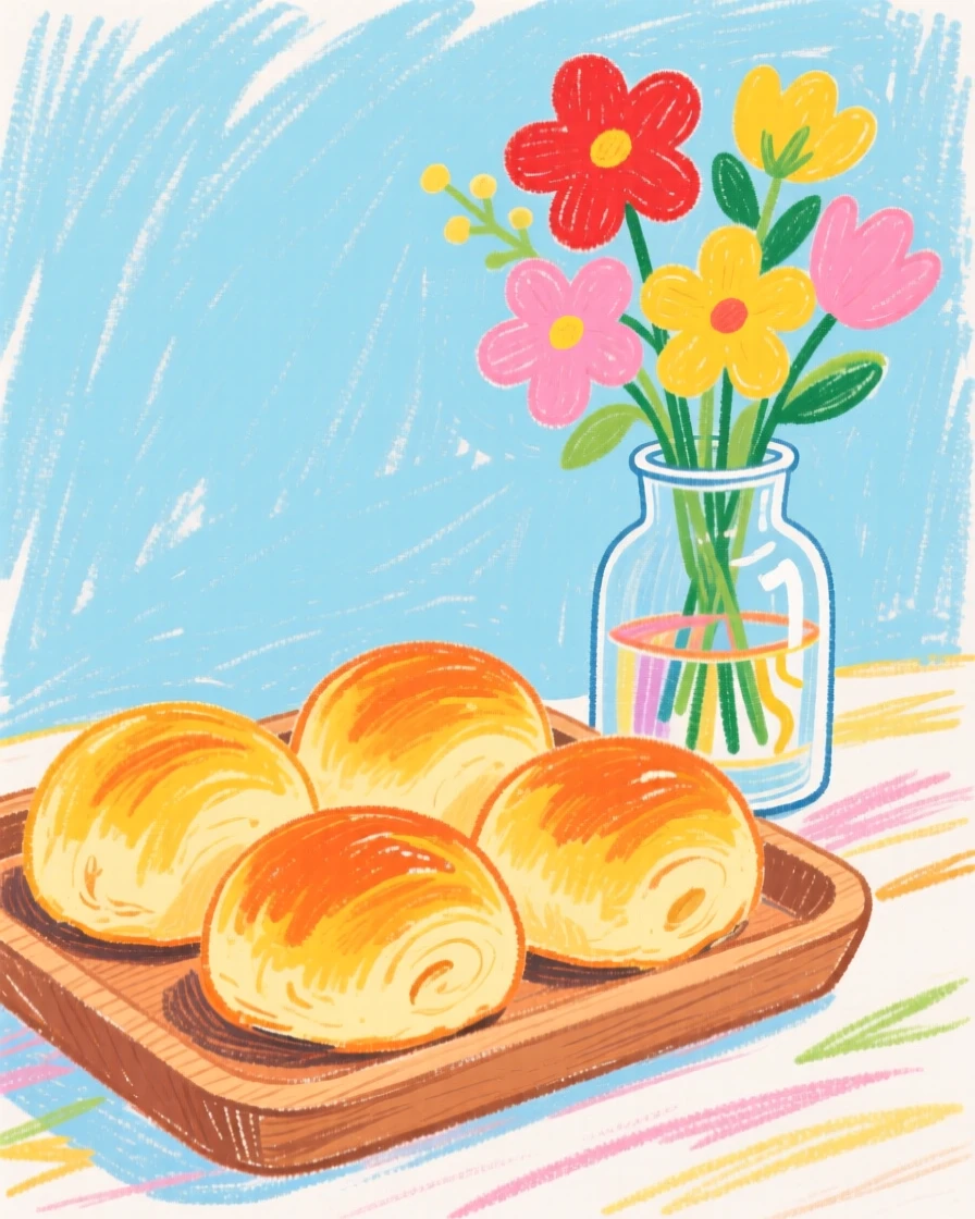 A tray of golden dinner rolls set beside a vase of fresh flowers.