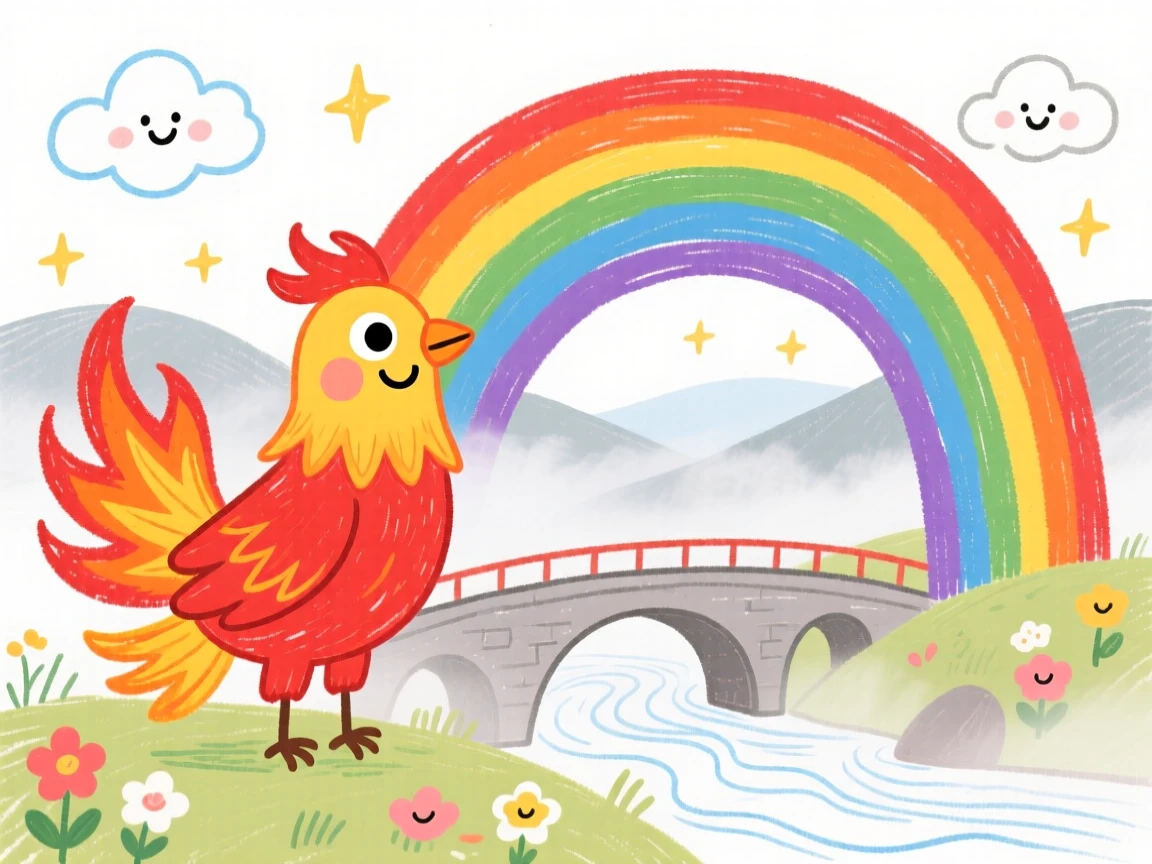 A cheerful phoenix with fiery feathers beside a rainbow bridge over a misty valley.