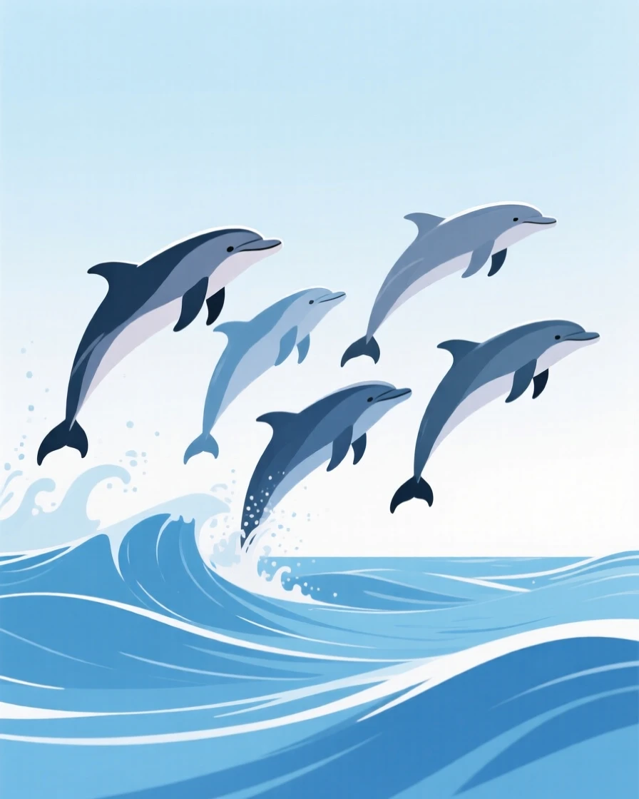 A pod of dolphins leaping gracefully out of clear blue ocean waves.