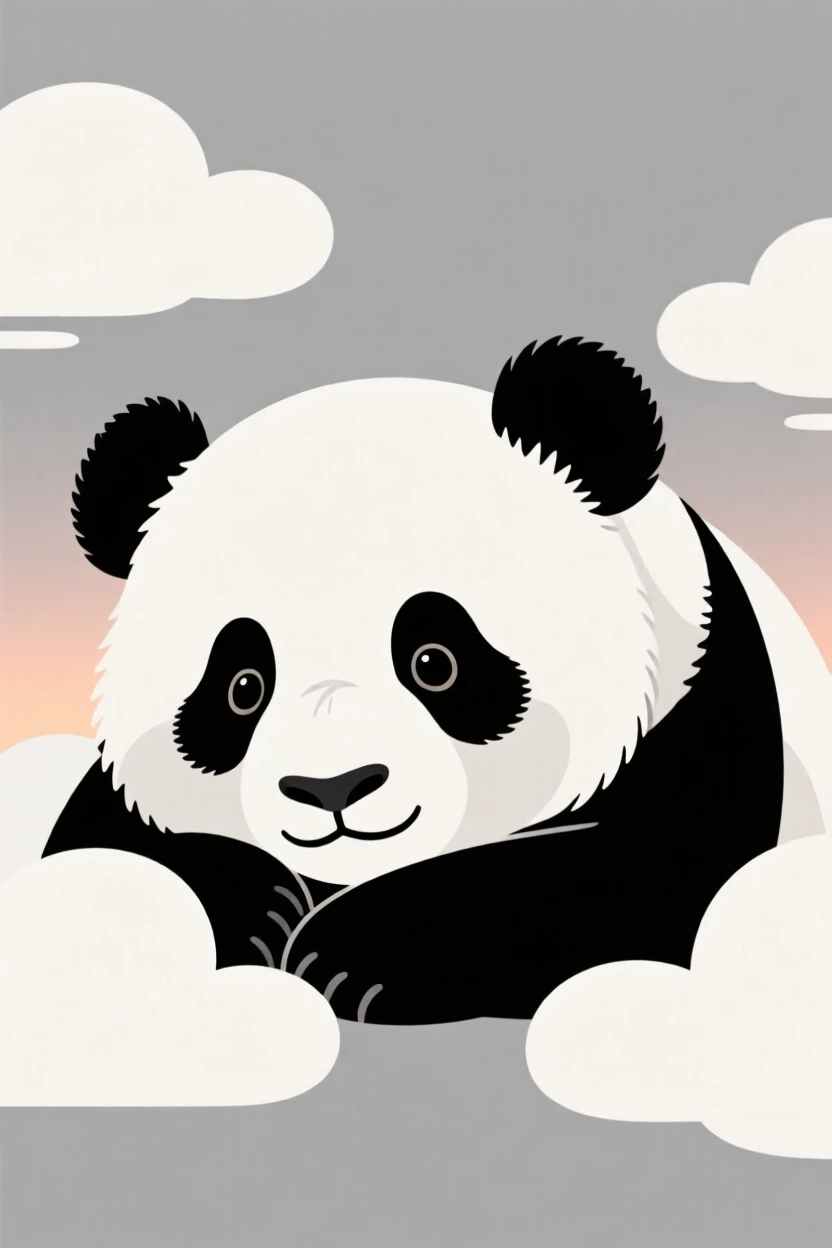 A close-up view of a panda cub settling in as the light fades, surrounded by drifting clouds, full of gentle curiosity.