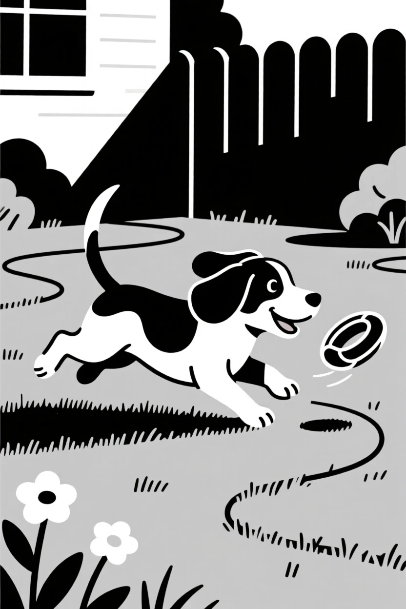 A beagle puppy chasing its tail playing fetch in a backyard.