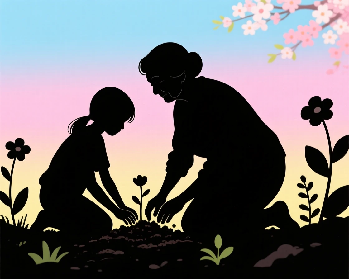 A teenager kneeling beside her grandmother in a garden, both hands in the soil.