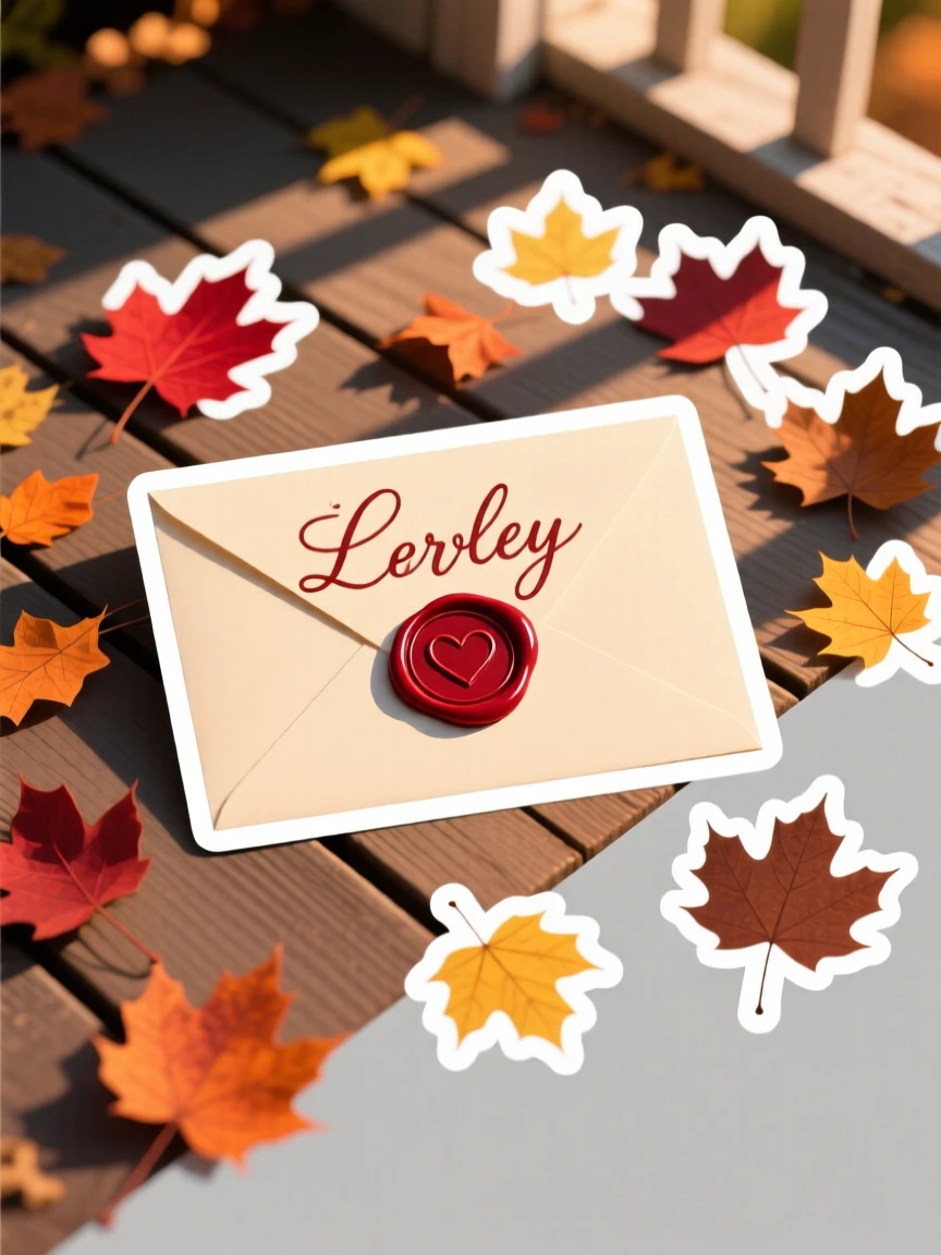 A gently glowing handwritten letter with a wax seal, surrounded by scattered autumn leaves, on a porch during golden hour.