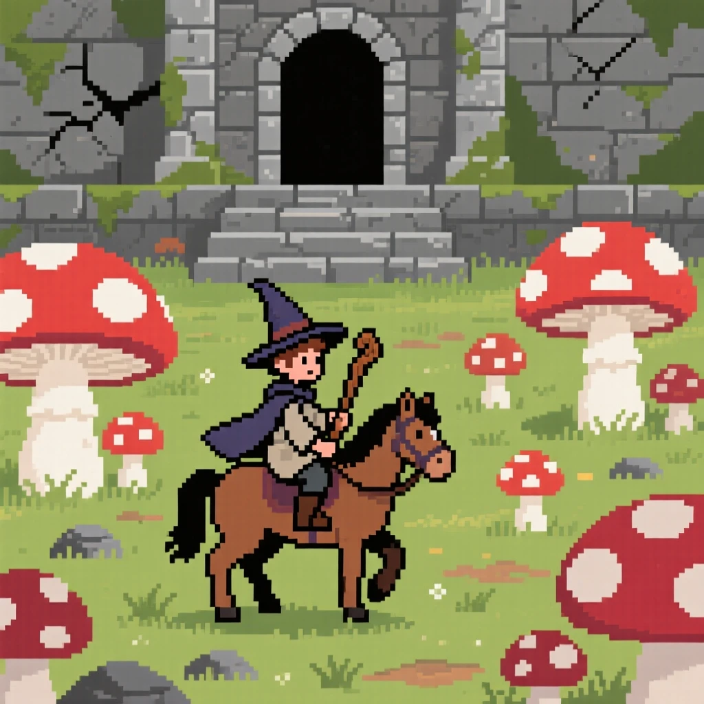A young wizard apprentice riding through a field of giant mushrooms, on the steps of an old stone temple.