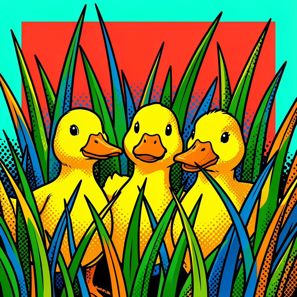 A family of ducks peeking curiously from behind tall grass