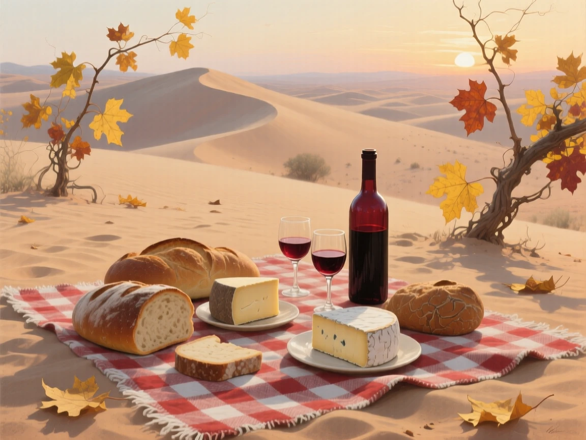 A balanced composition of a vineyard picnic with bread, cheese, and wine spread on a checkered cloth, in the Sahara desert, as autumn leaves turn gold.