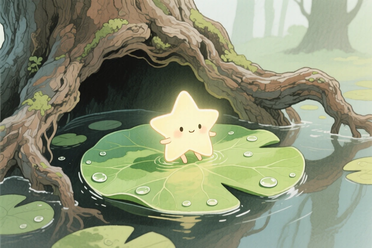 A tiny star creature rides atop a drifting lily pad in an ancient hollow oak, while dew glistens on every leaf