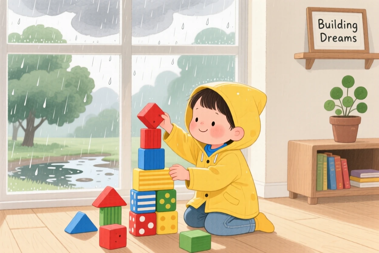 A child building a tower of blocks on a rainy afternoon.