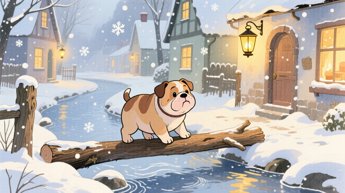A chubby bulldog puppy balancing on a log across a gentle stream, set in a snowy village street lined with warm lantern light, sparking a feeling of tender nostalgia.