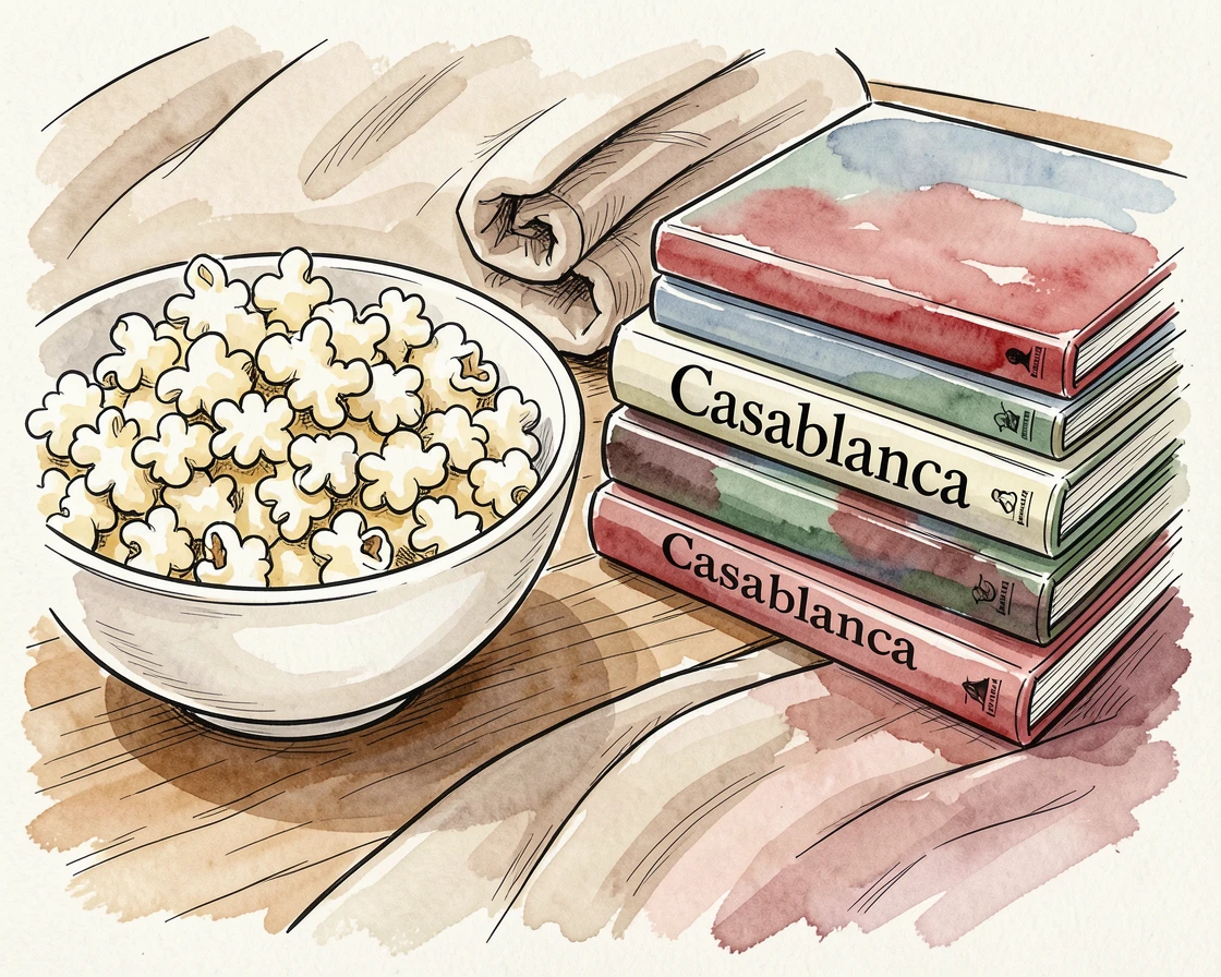 A bowl of freshly popped popcorn beside a stack of classic movies and cozy blankets
