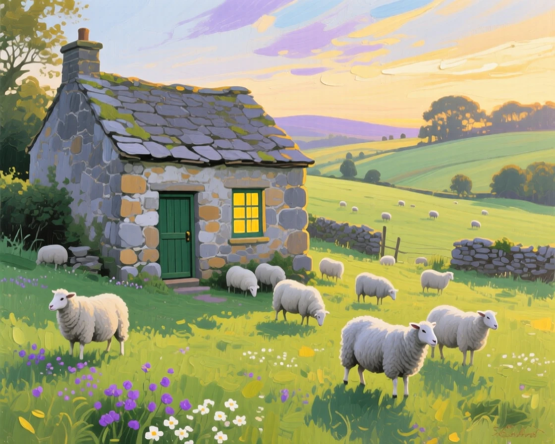 a stone cottage surrounded by grazing sheep, on a gentle summer evening, with a balanced, spacious view of the surroundings.