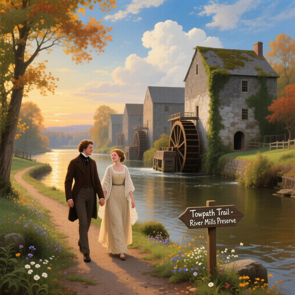 A young couple walks along the towpath of a river lined with old stone mills as the current sparkles in the sun.