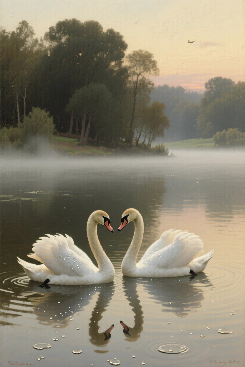 A pair of swans gliding elegantly across a still misty lake, with water droplets or mist adding a sense of immediacy, highlighting the quiet majesty found in the natural world