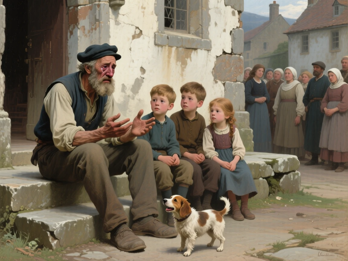 An old sailor recounting his final voyage to eager grandchildren as tears and gratitude mix in equal measure, set on the worn steps of a village church, with a small dog circling excitedly at the family's feet; the surrounding onlookers form a soft frame around the emotional core, capturing love that has endured distance and time.