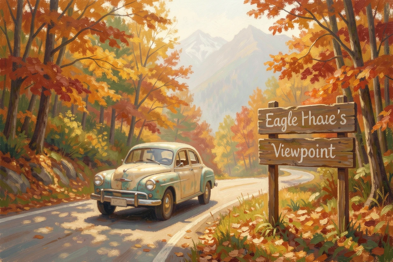 A mountain pass road winding through autumn-colored forest, a vintage car parked at a scenic overlook.