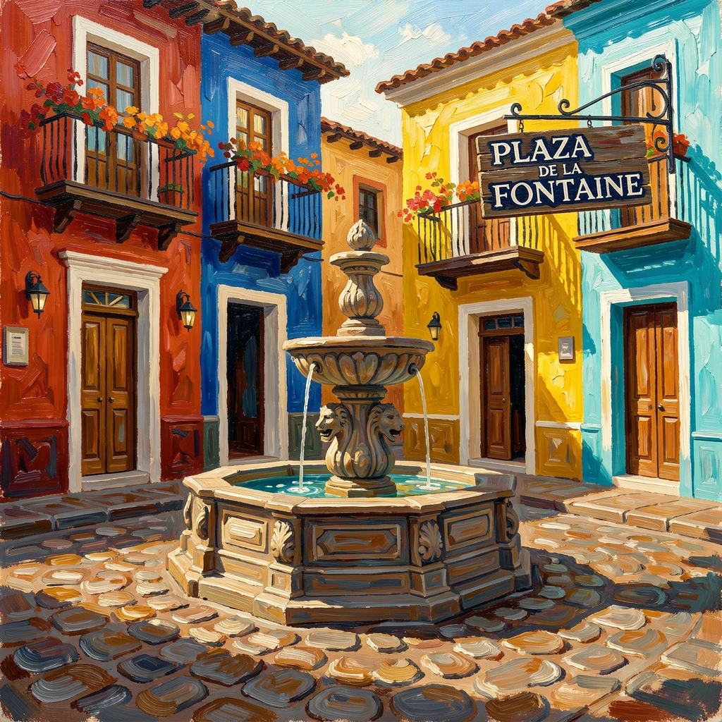 A quiet square in a Mexican colonial town, a fountain surrounded by brightly painted buildings.