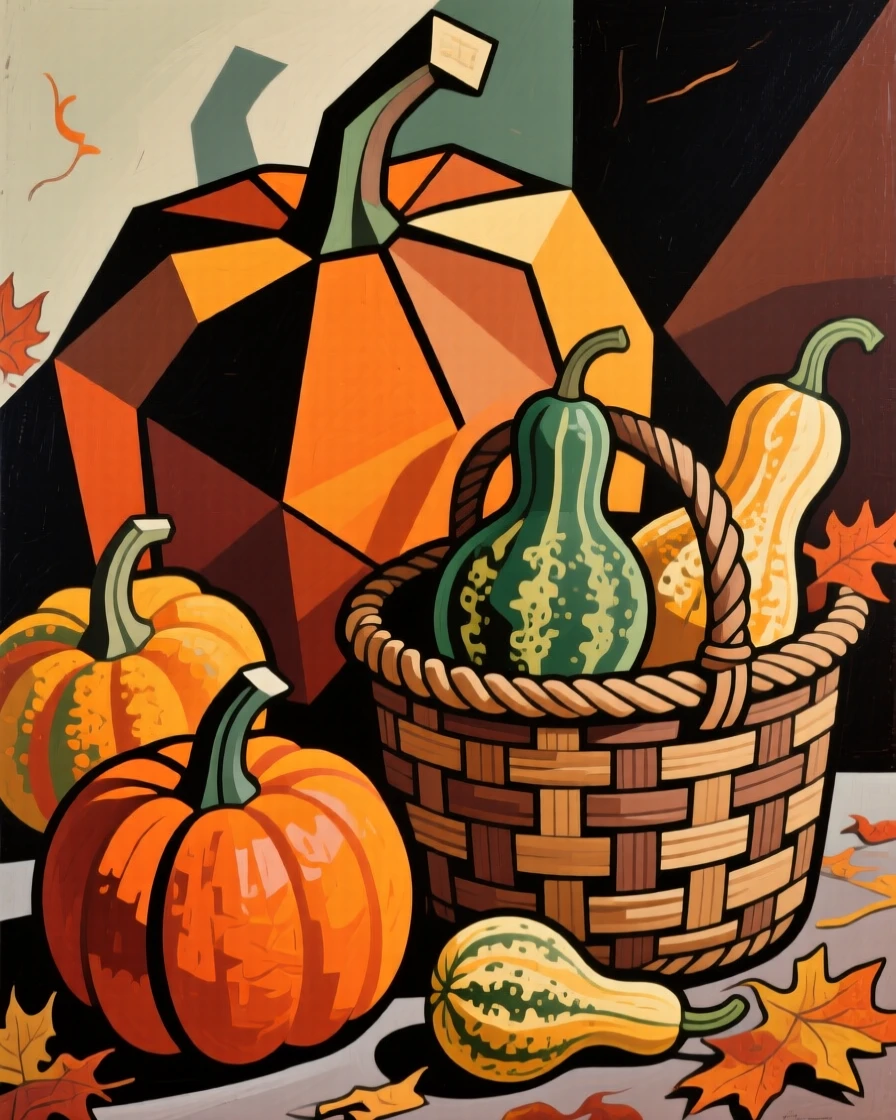 An arrangement of autumn pumpkins and gourds beside a woven basket.