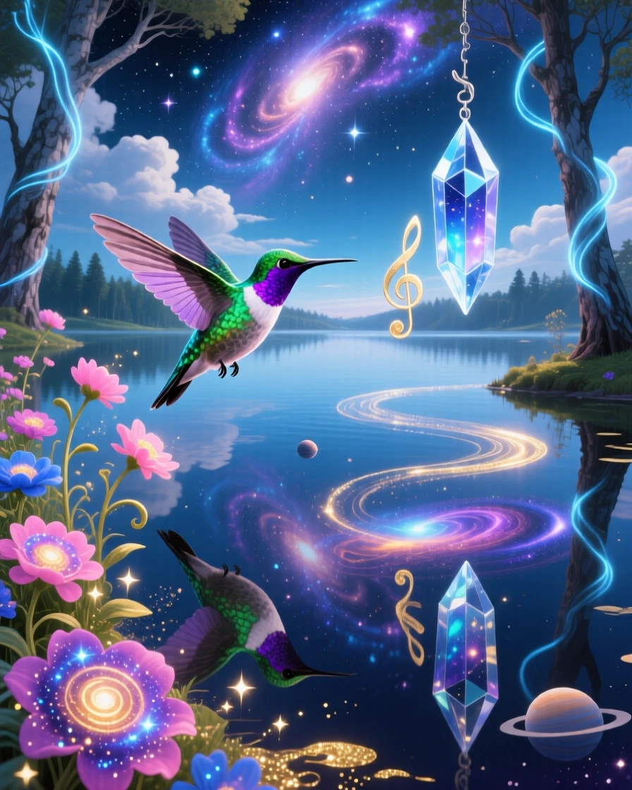 A hummingbird pollinating flowers that bloom into tiny galaxies wanders along the edge of a mirror-smooth lake, while soft chimes seem to ring with each of its movements.