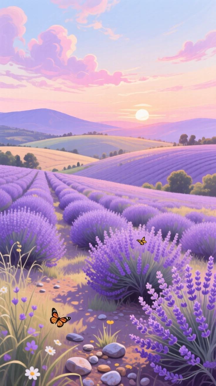 A soft pastel sunset fades over rolling lavender fields in Provence, wispy clouds catching the last pink and lavender light of the day, the ground scattered with small natural details that reward a closer look.