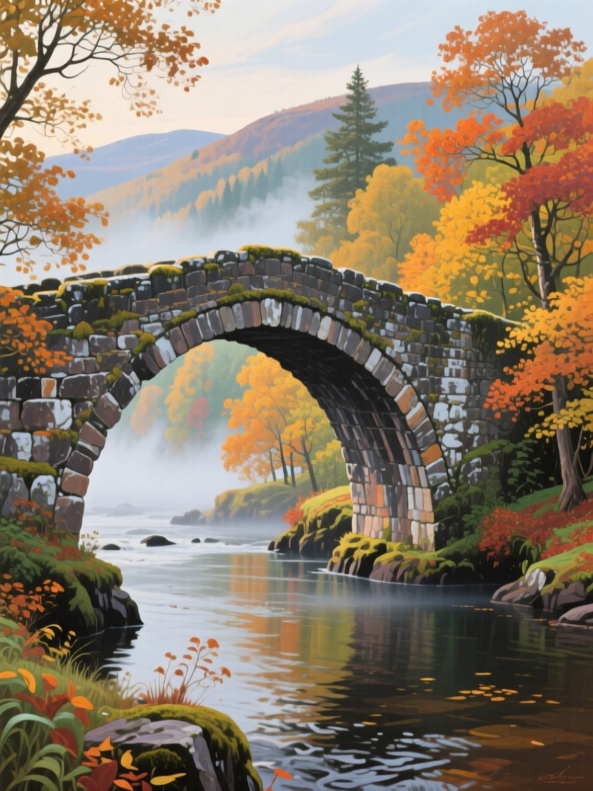 An ancient stone bridge in Scotland arching over a misty river beneath autumn trees