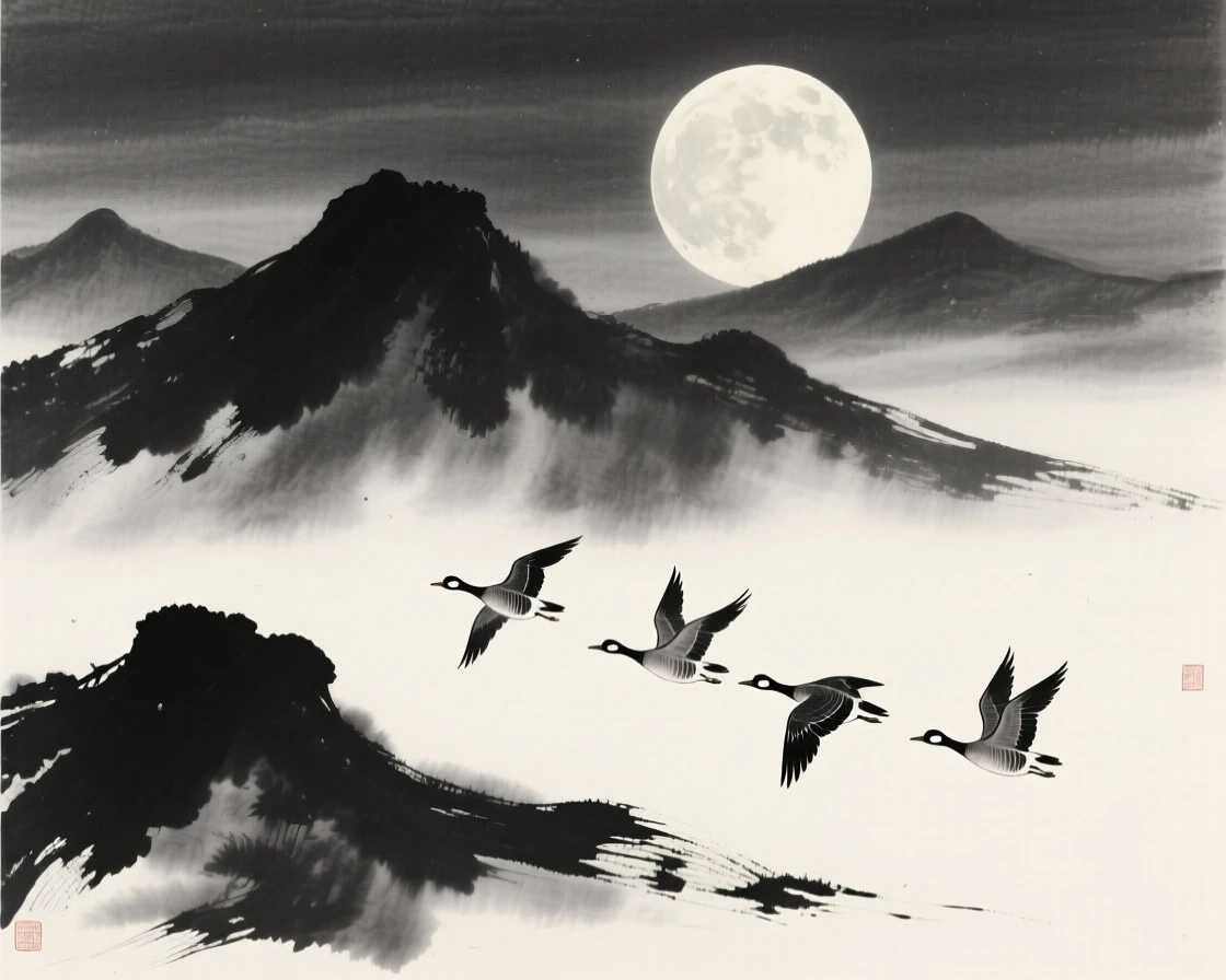 Migrating geese pass above a range of distant misty peaks, with the moon rising large and pale behind them.