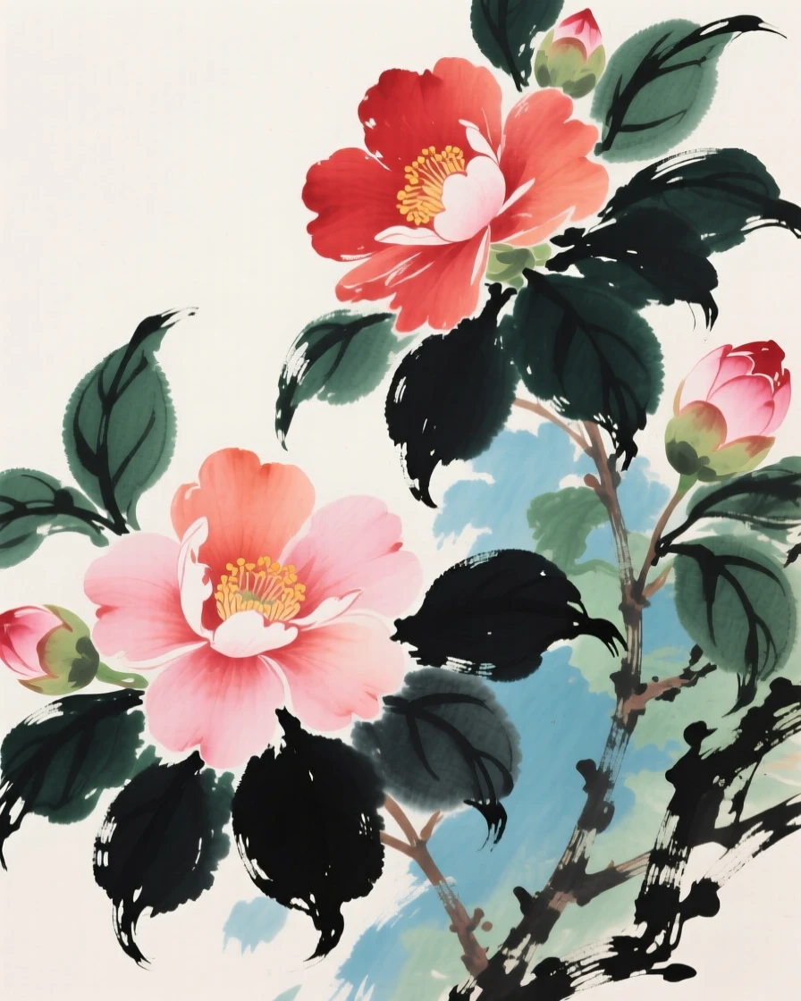 Camellias blooming brightly against a background of dark green leaves, conveying a deep sense of harmony with nature.