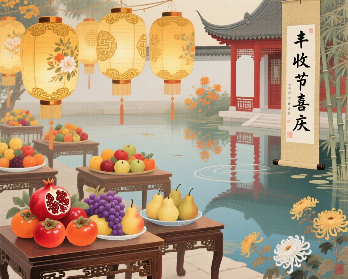 A harvest festival with tables piled high with fruit and golden lanterns, reflected in the still water of a nearby pond