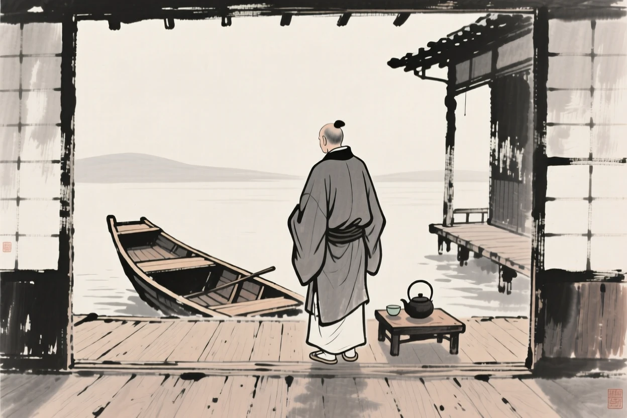 A wandering scholar preparing tea in a quiet courtyard on the deck of a small wooden boat, seen from behind, gazing out toward the horizon, evoking warmth, simplicity, and quiet dignity.