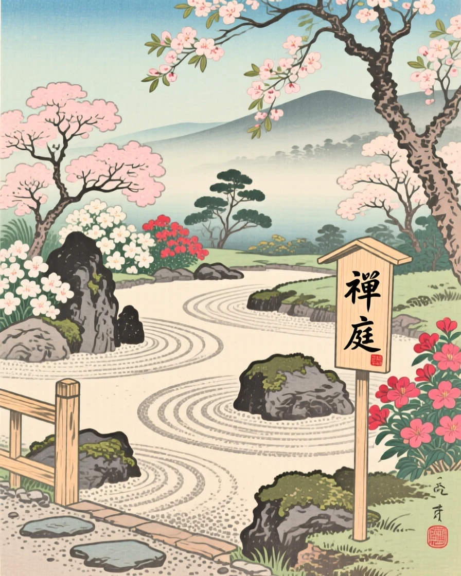 A raked zen rock garden, filled with the scent of blooming flowers.