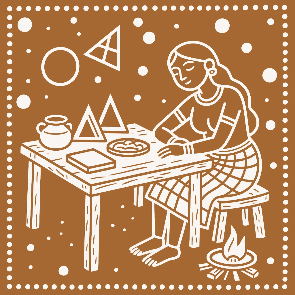 A mother resting together after a day of work at a simple wooden dining table.