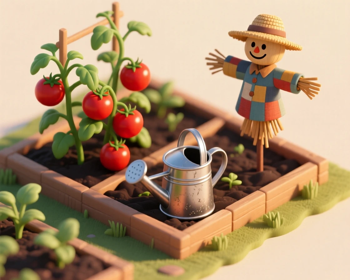 A backyard vegetable garden being tended at golden hour, a watering can resting on the soil, ripe tomatoes on the vine, and a scarecrow standing watch.