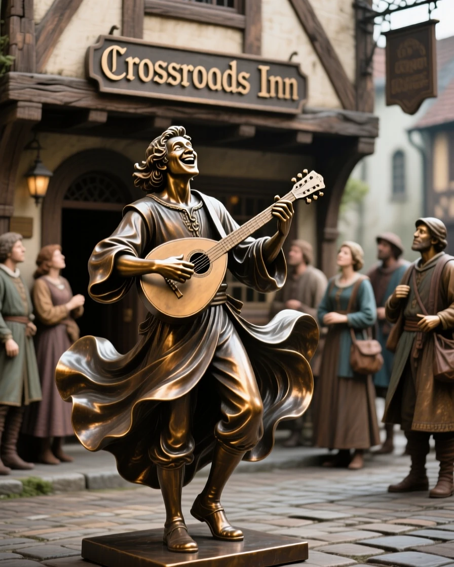 A wandering minstrel serenading travelers at a crossroads inn, surrounded by swirling fabric and motion, forming a strong central focal point