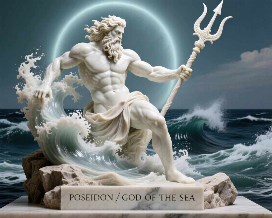An epic scene of Poseidon rising from crashing ocean waves, bathed in an otherworldly glow, evoking myth and grandeur