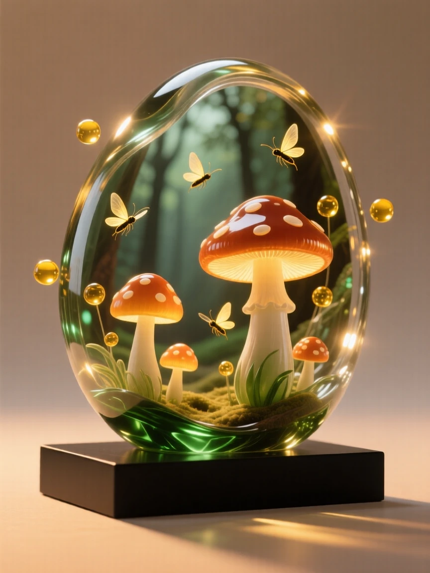 A magical forest with glowing mushrooms and fireflies at golden hour with warm rays breaking through the clouds, epic scale composition, inspiring a sense of wonder and hope.