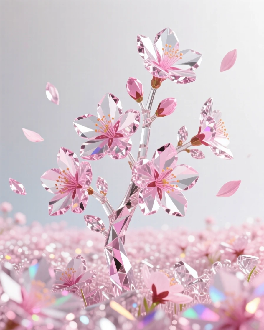 A field of cherry blossoms in full bloom, petals drifting gently in the breeze.