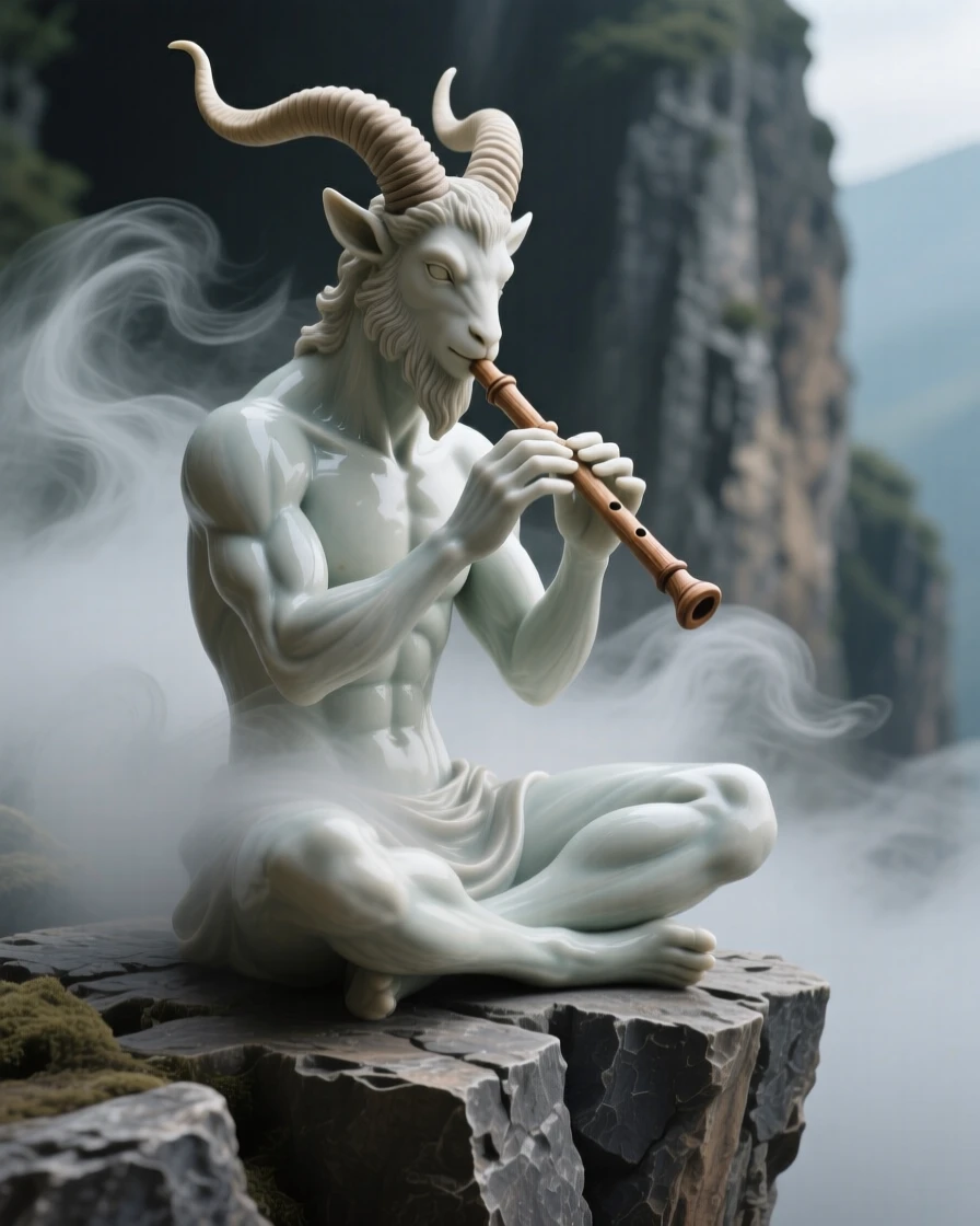 A horned faun playing a wooden flute perched watchfully at the edge of a cliff, wrapped in wisps of enchanted mist, radiating noble power tempered with gentleness.