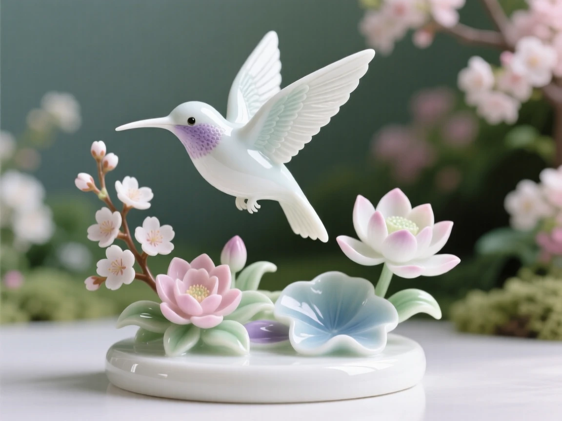 A delicate hummingbird in a blooming garden, caught mid-flight against a soft sky.