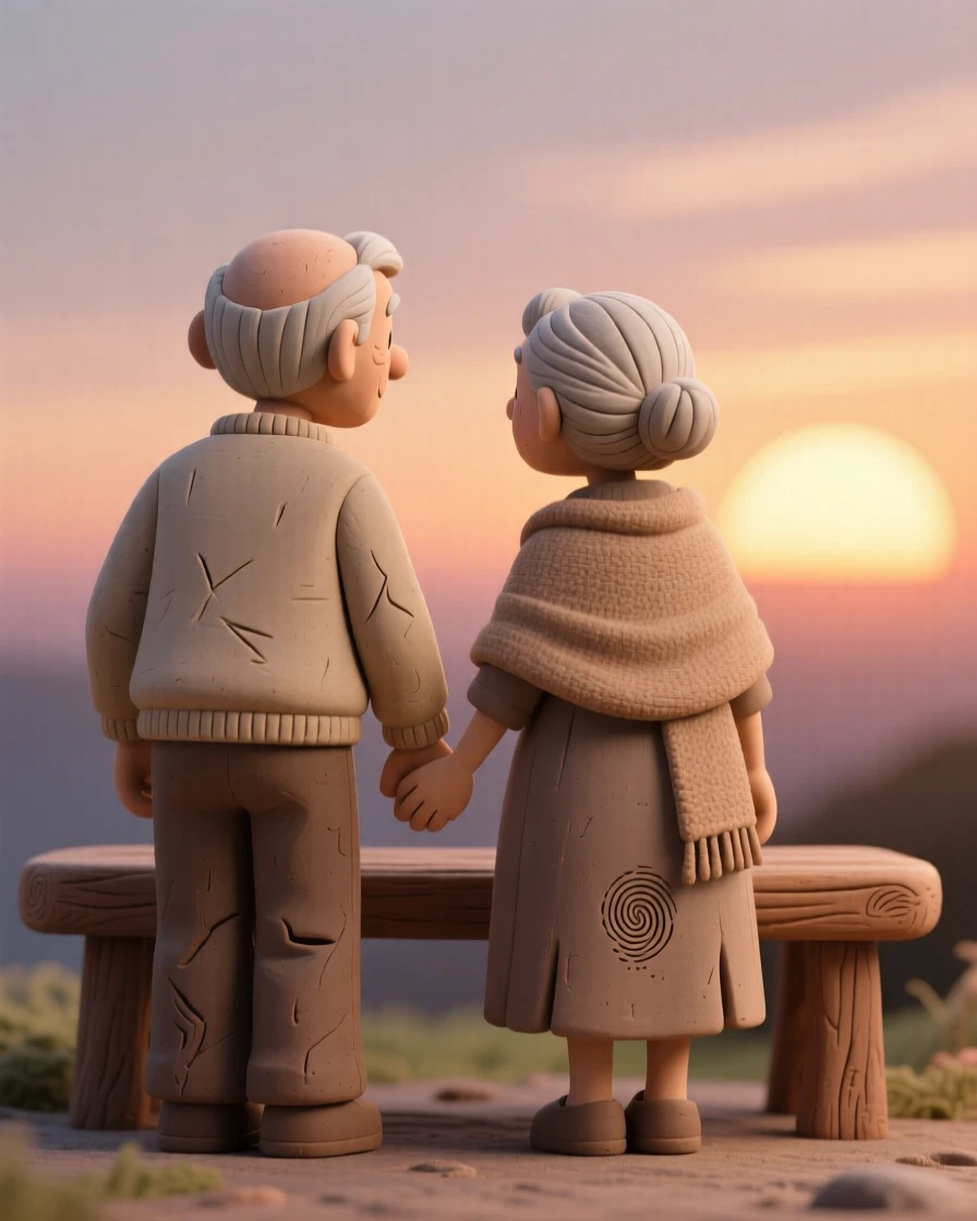 An elderly couple holding hands while watching a sunset from a bench