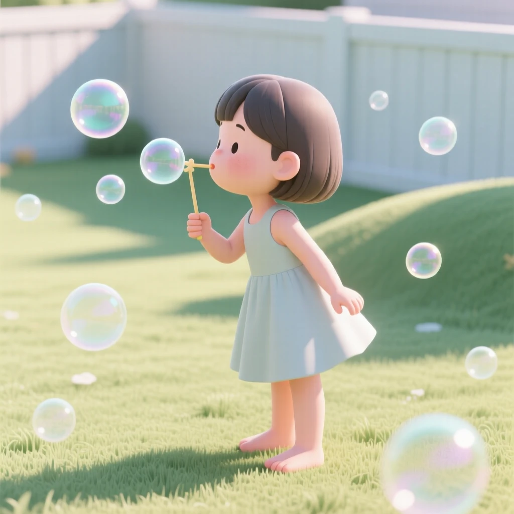 A little girl blows soap bubbles from a wand, chasing them barefoot across a sunny backyard lawn.