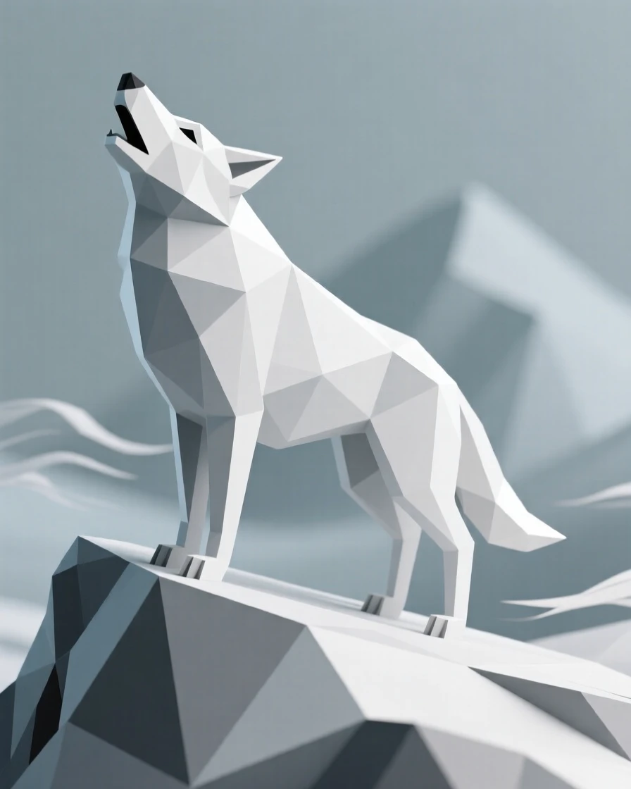 An arctic wolf howling into the night, on a windswept ridge at dusk. the background gently blurs to keep focus on the subject. The mood is tender and intimate.