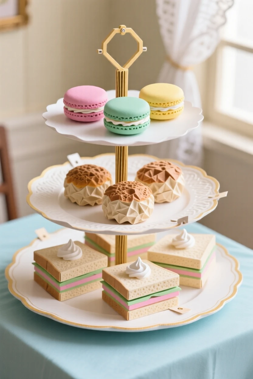 A tiered afternoon tea tray with delicate finger sandwiches, scones with clotted cream, and colorful macarons, set on fine china in a sunlit parlor, evoking refined indulgence.
