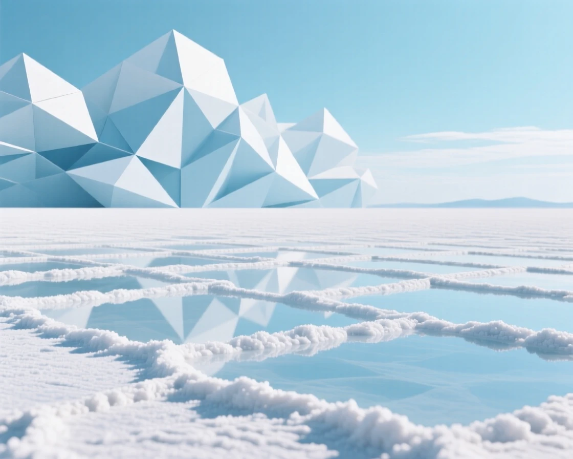 A vast salt flat reflecting the sky so perfectly it seems to disappear into the horizon.