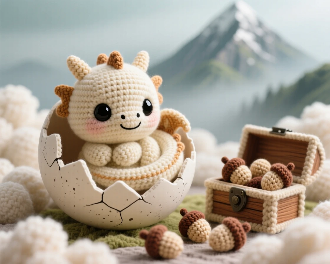 a round baby dragon hatchling, curled tightly around its own tail, poking its head out of a cracked eggshell, within a misty mountain peak wrapped in soft clouds, near a small wooden chest overflowing with acorns, radiating curious innocence meeting a magical world.