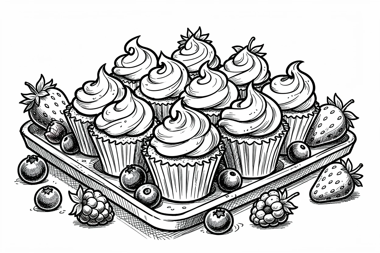 A tray of decorated cupcakes surrounded by fresh berries.